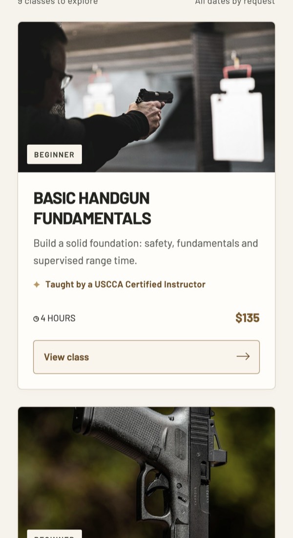 The class catalog on a phone, one class card per row.