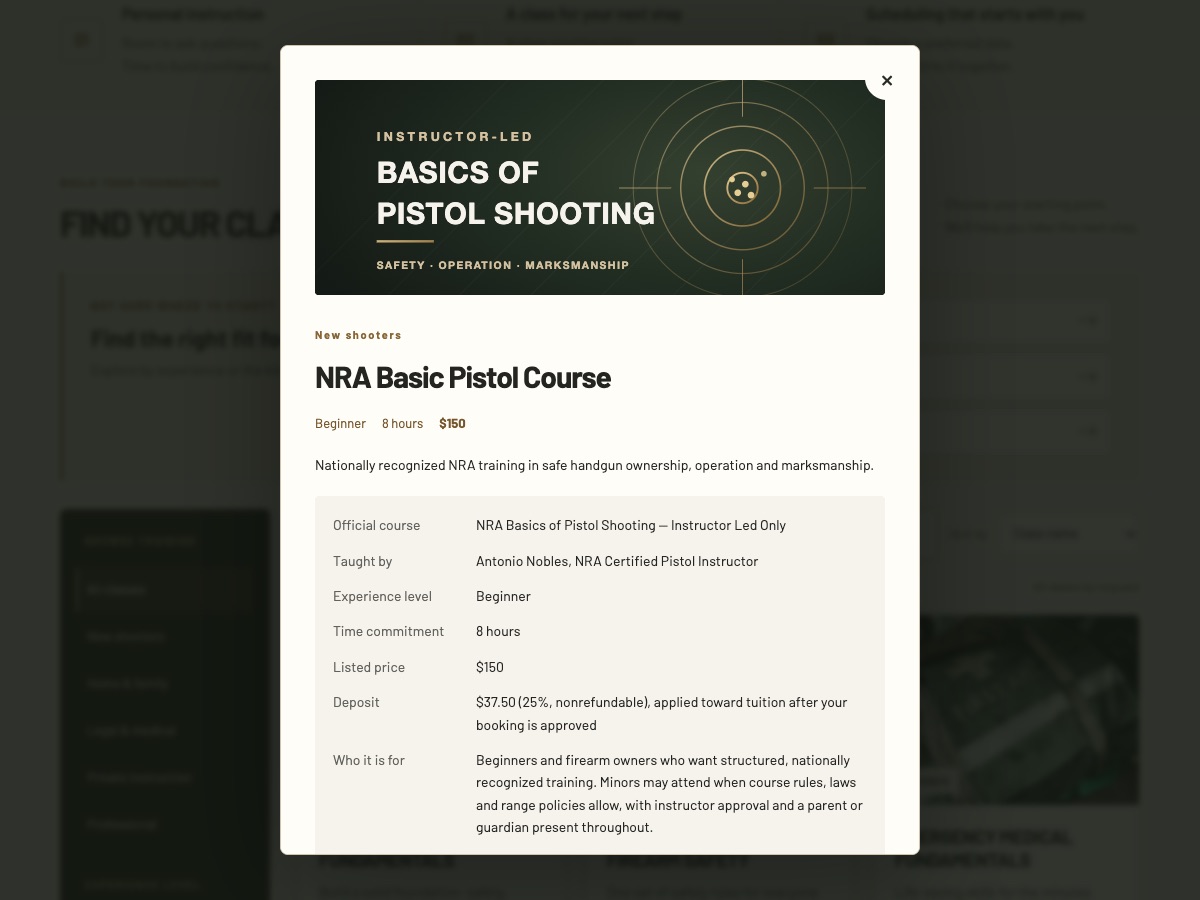 NRA Basic Pistol Course details: beginner, 8 hours, $150, the instructor, the deposit and who the class is for.