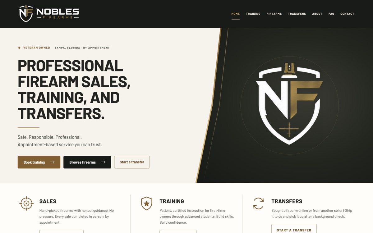 Nobles Firearms home page: Veteran owned, Tampa, Florida, by appointment, a bold headline, Book training, Browse firearms and Start a transfer buttons, and the NF shield logo.
