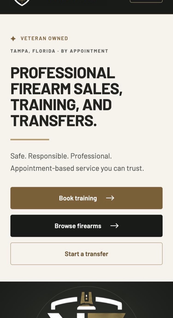 The Nobles Firearms home page on a phone, with a compact menu and full-width buttons.