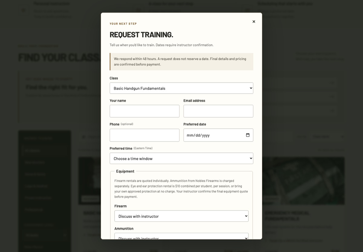 Request training form: class, name, email, phone, preferred date and time, and equipment questions.