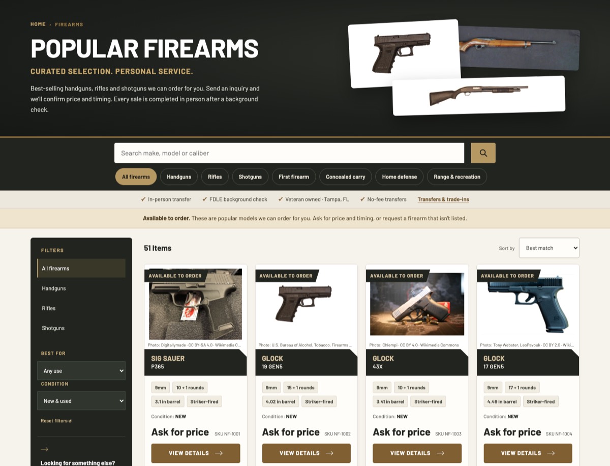 Popular firearms catalog with search, type filters and Ask for price cards.