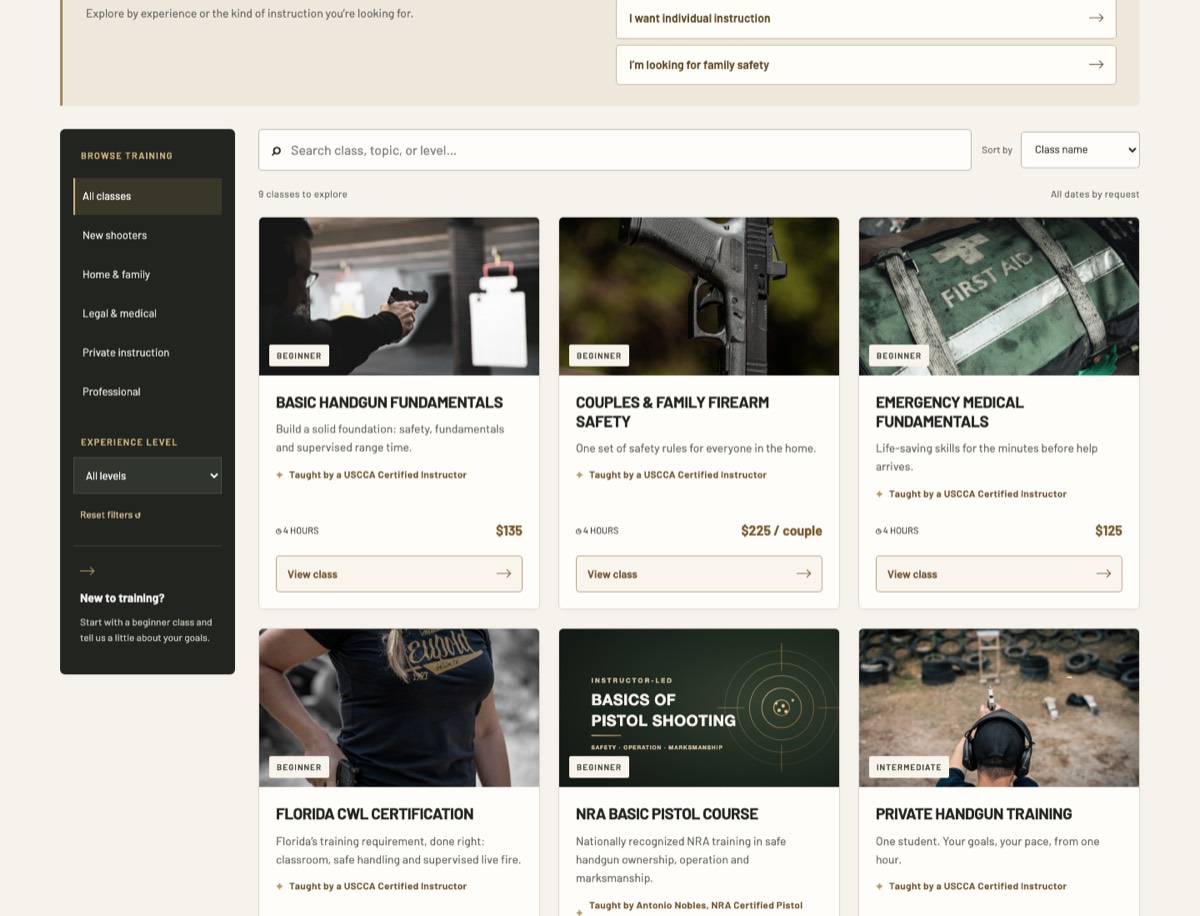 Class catalog with category and level filters, search, and class cards showing level, price and length.