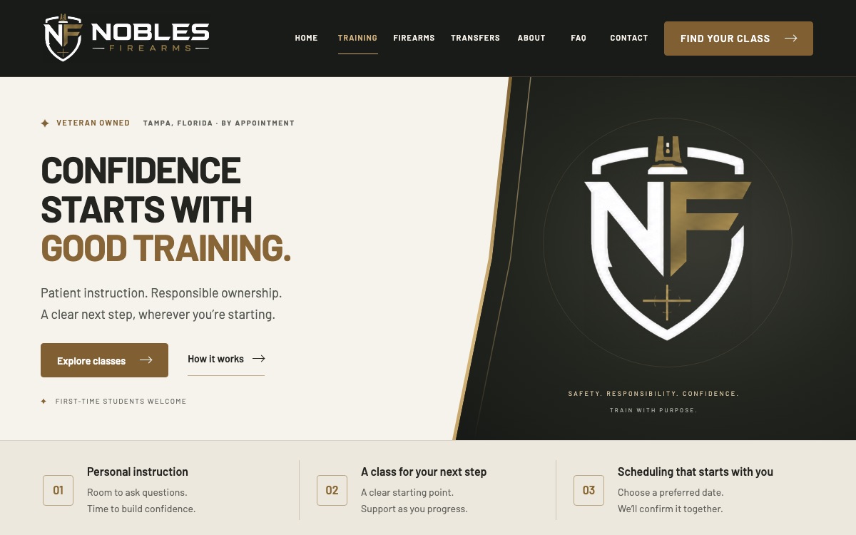 Nobles Firearms training page: Confidence starts with good training, an Explore classes button, and three steps: personal instruction, a class for your next step, and scheduling that starts with you.