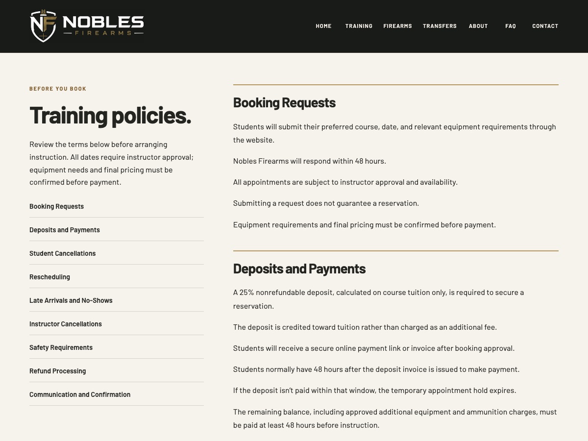 Training policies page with sections for booking requests, deposits and payments, cancellations, rescheduling and safety.